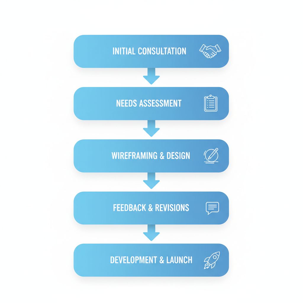 Vertical process flow diagram for starting a web design project in Huntsville showing five key stages with icons.