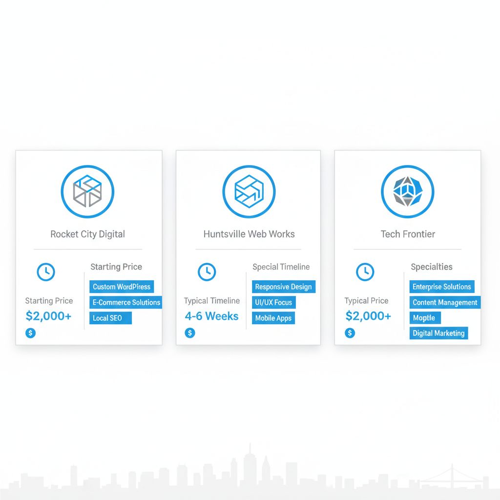 Infographic comparing key features of top web design companies in Huntsville, including pricing, timelines, and specialties