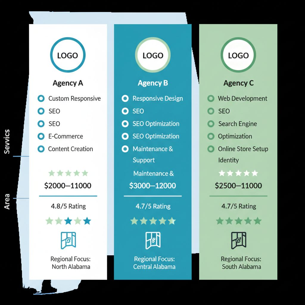 Infographic comparing services, pricing, and ratings of top three web design agencies in Alabama