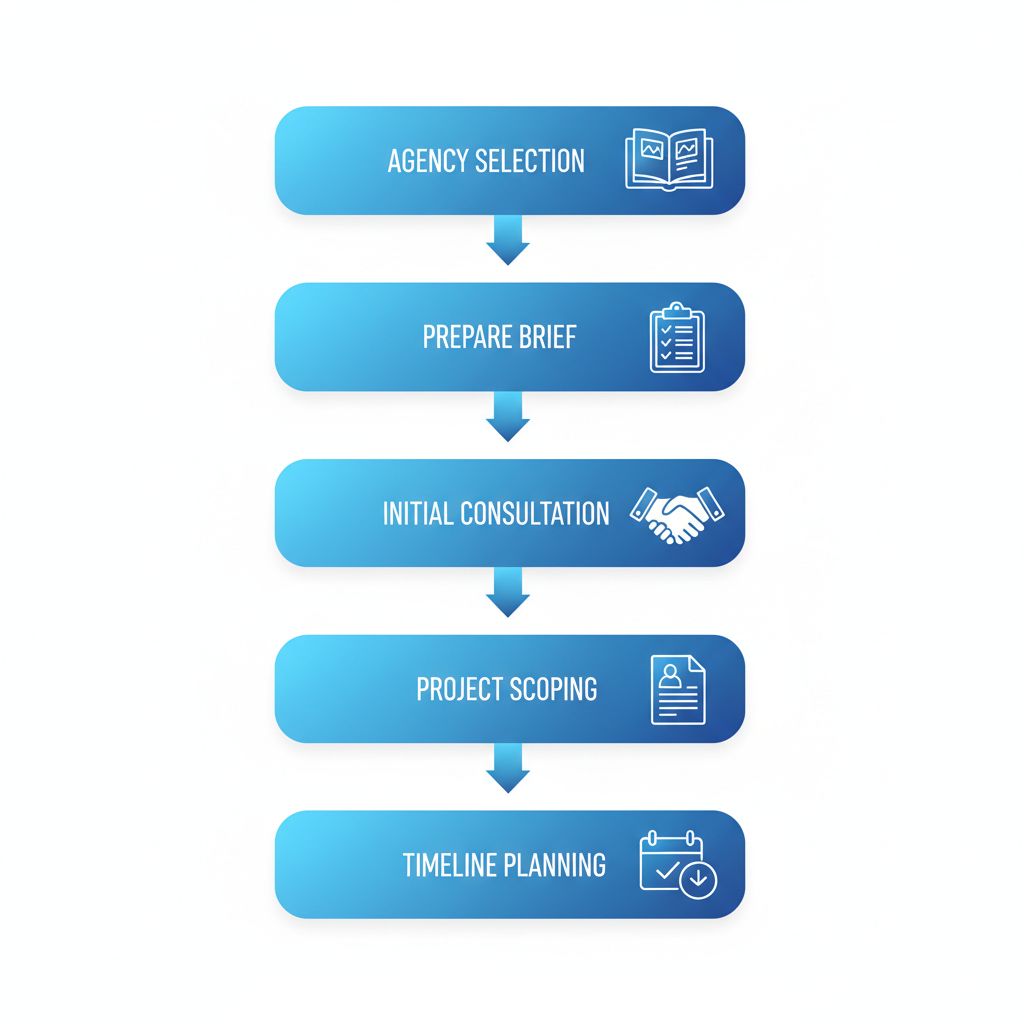 Vertical diagram showing five steps to launch a web design project: agency selection, prepare brief, initial consultation, project scoping, and timeline planning.