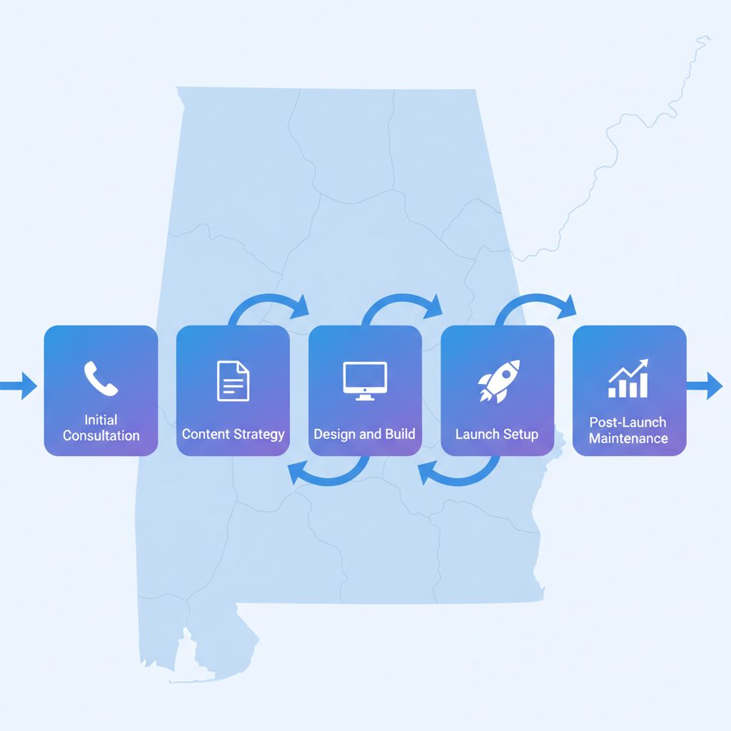 Horizontal process flow diagram showing five stages of starting a website design project in Alabama: consultation, content strategy, design build, launch, and maintenance.