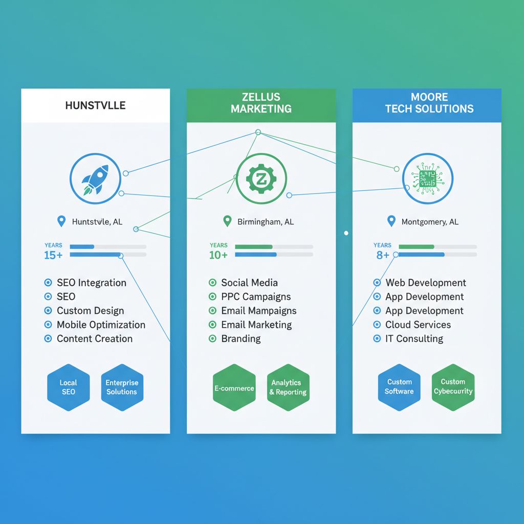 Infographic comparing top Alabama web design agencies: Huntsville Web Designers, Zellus Marketing, and Moore Tech Solutions, highlighting locations, experience, services, and specialties.