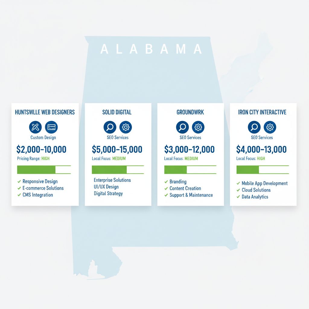 Infographic comparing top web design agencies in Alabama including services, pricing, local focus, and features.