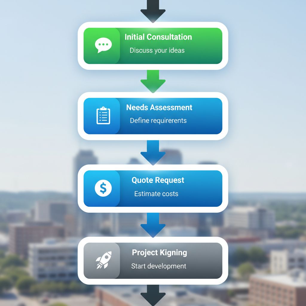 Vertical process flow diagram showing five steps to start web design in Huntsville: consultation, assessment, quote, contract, and kickoff.