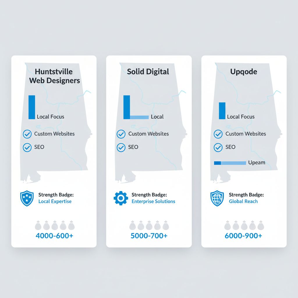 Infographic comparing top web development agencies in Alabama: Huntsville Web Designers, Solid Digital, and Upqode, highlighting services, pricing, local focus, and strengths.