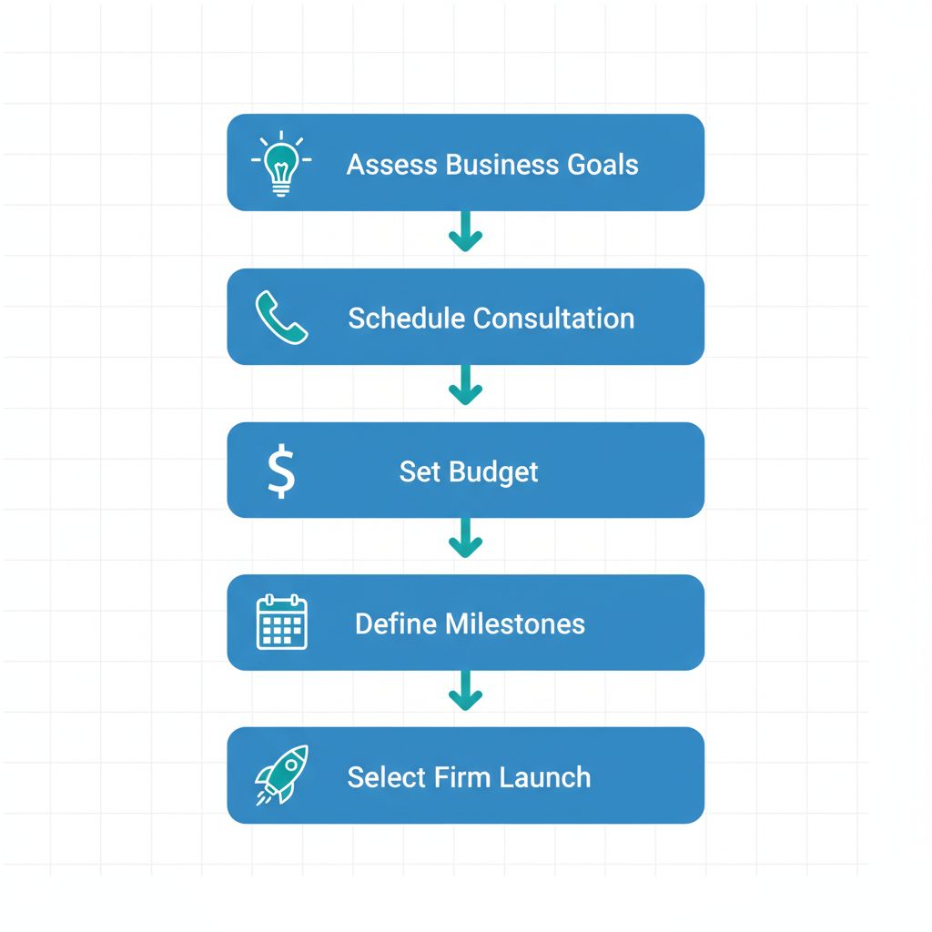 Vertical process flow diagram showing five steps to start web development in Alabama with icons and labels.