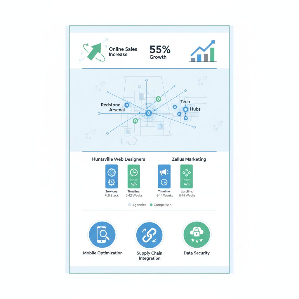 Infographic showing Huntsville ecommerce market growth, agency comparisons, and challenges with local tech elements