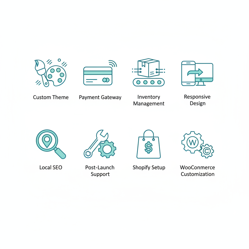 Grid of eight flat icons illustrating key ecommerce services like custom themes, payments, inventory, and SEO, with teal accents on white background.