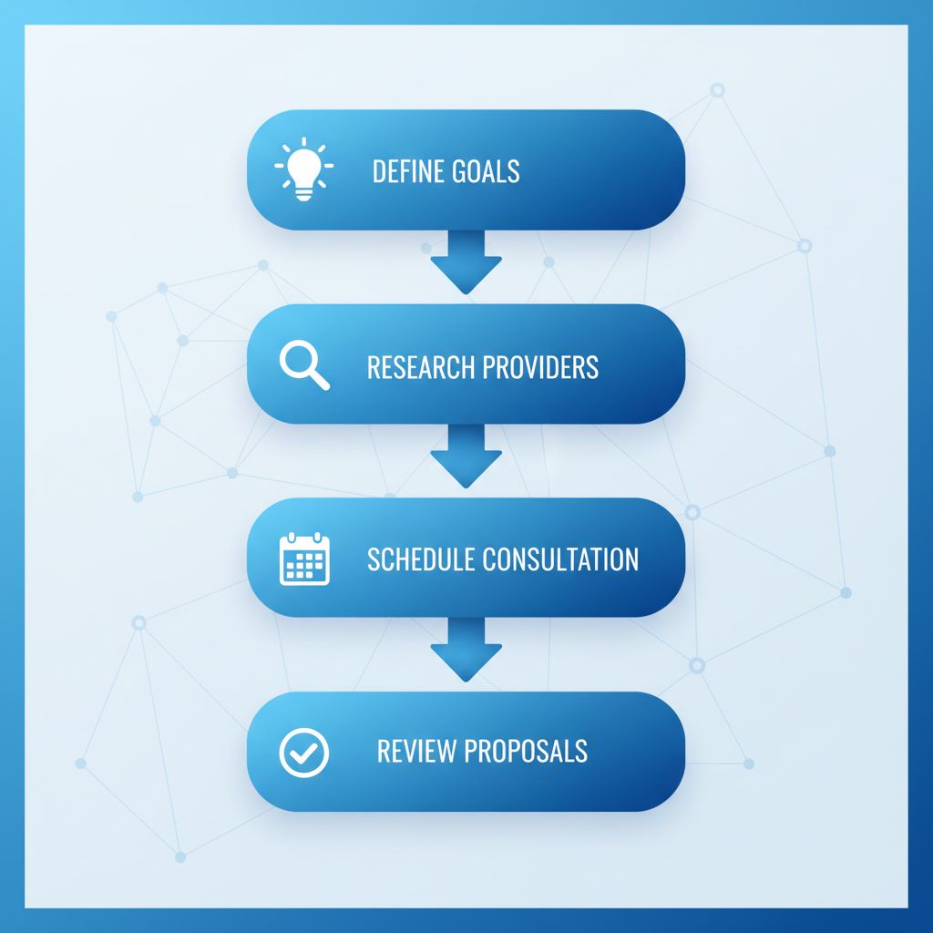 Vertical process flow diagram illustrating five steps to begin a web design project in Madison, Alabama, with icons and minimal labels.