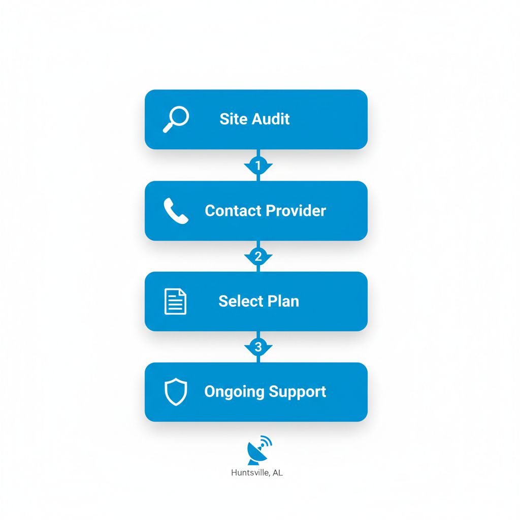 Vertical process flow diagram illustrating four stages to start website maintenance in Huntsville: site audit, contact provider, select plan, and ongoing support with icons and arrows.