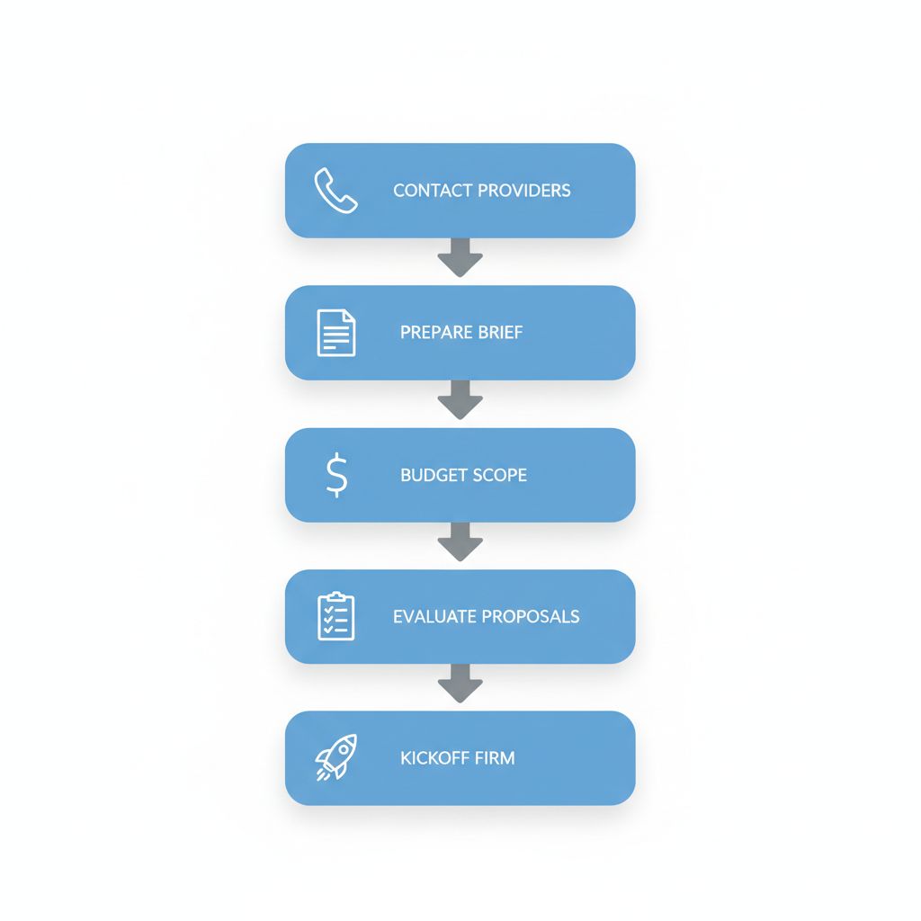 Vertical process flow illustrating five key steps to launch a web design project in Decatur, Alabama, with icons and minimal labels.