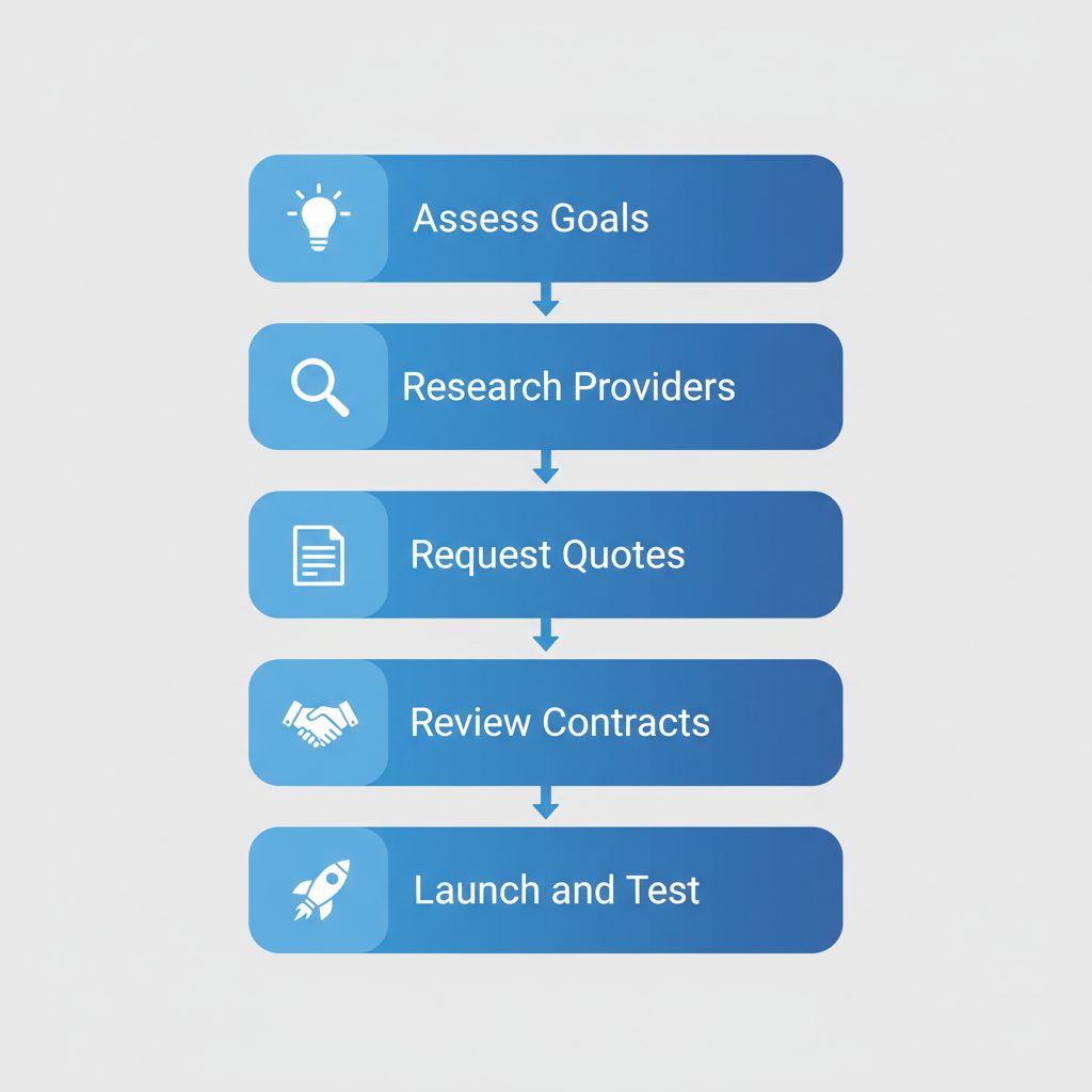 Vertical diagram illustrating five steps to launch a website in Florence, Alabama: assess goals, research providers, request quotes, review contracts, launch and test with icons.