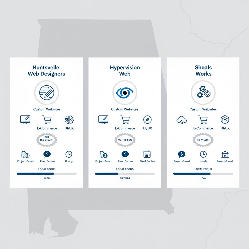 Infographic comparing Huntsville Web Designers, Hypervision Web, and Shoals Works with specialties, experience, pricing, and local focus indicators.