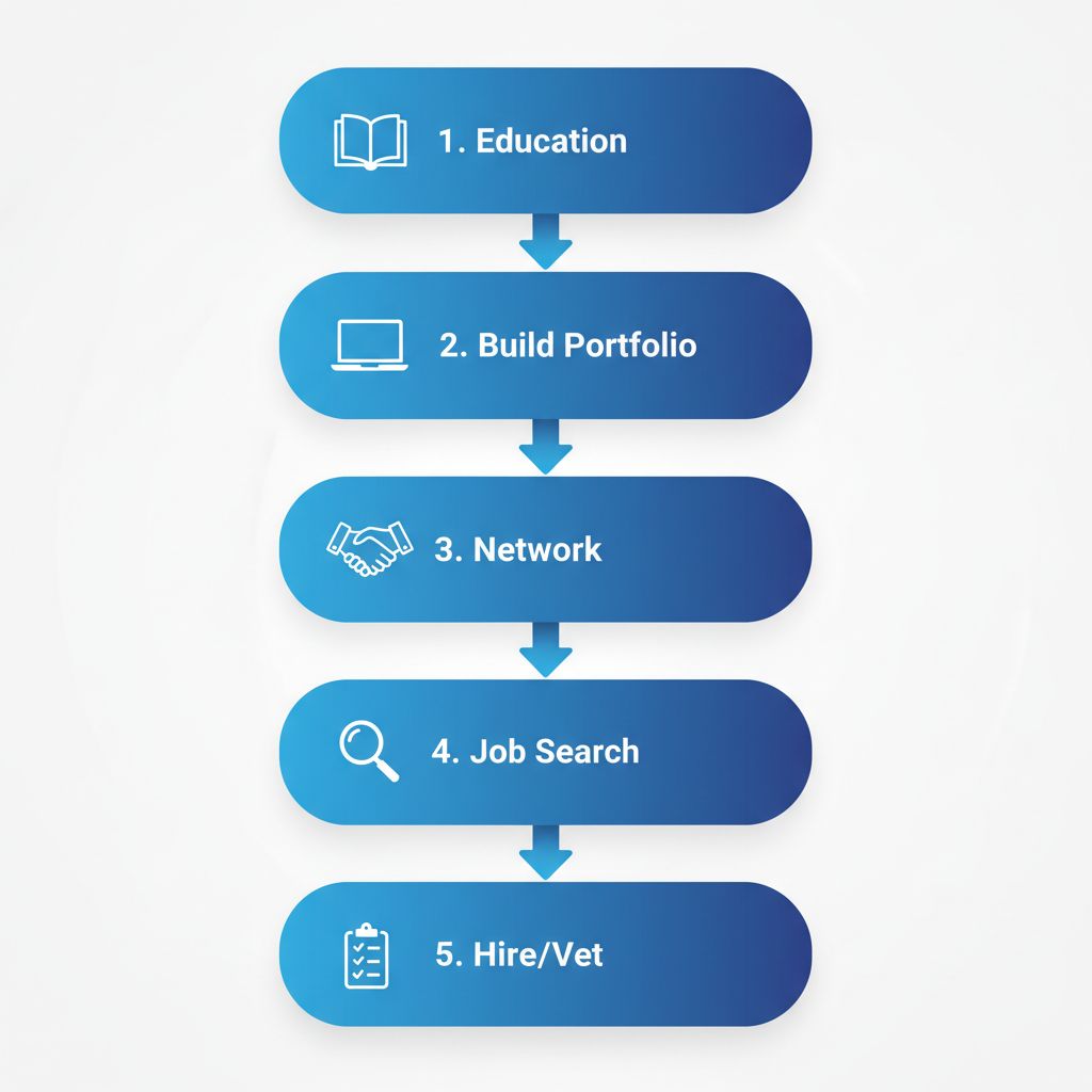 Vertical process flow diagram of five steps to begin a career in Alabama web development, focused on Huntsville