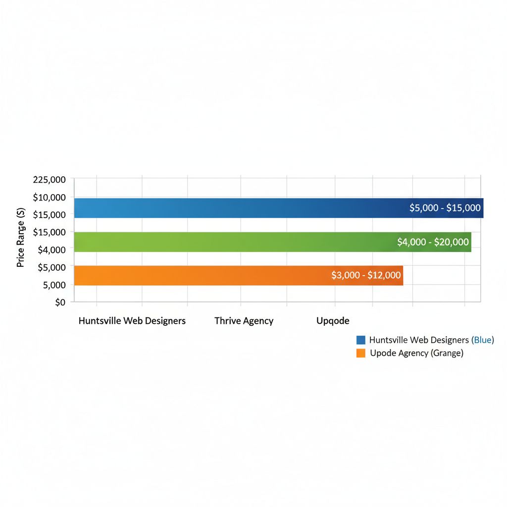Horizontal bar chart comparing estimated pricing ranges for web design services from top Huntsville agencies: Huntsville Web Designers, Thrive Agency, and Upqode.