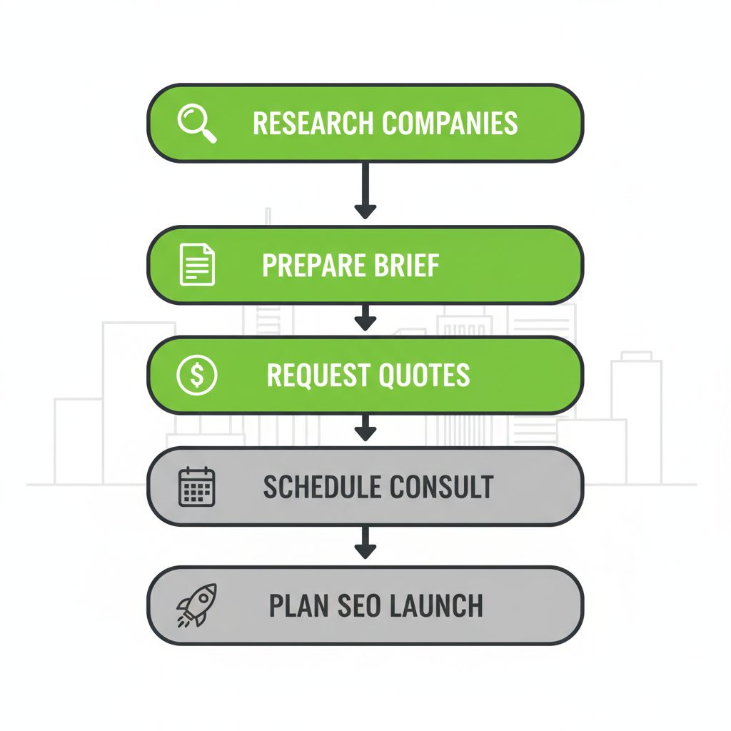 Vertical process flow diagram illustrating five steps to launch a Huntsville web design project with icons and subtle skyline background.