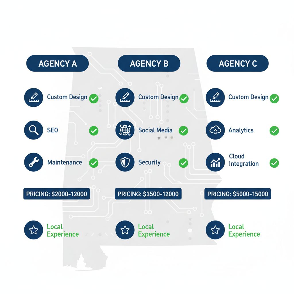 Infographic comparing key metrics of web design agencies in Huntsville, Alabama