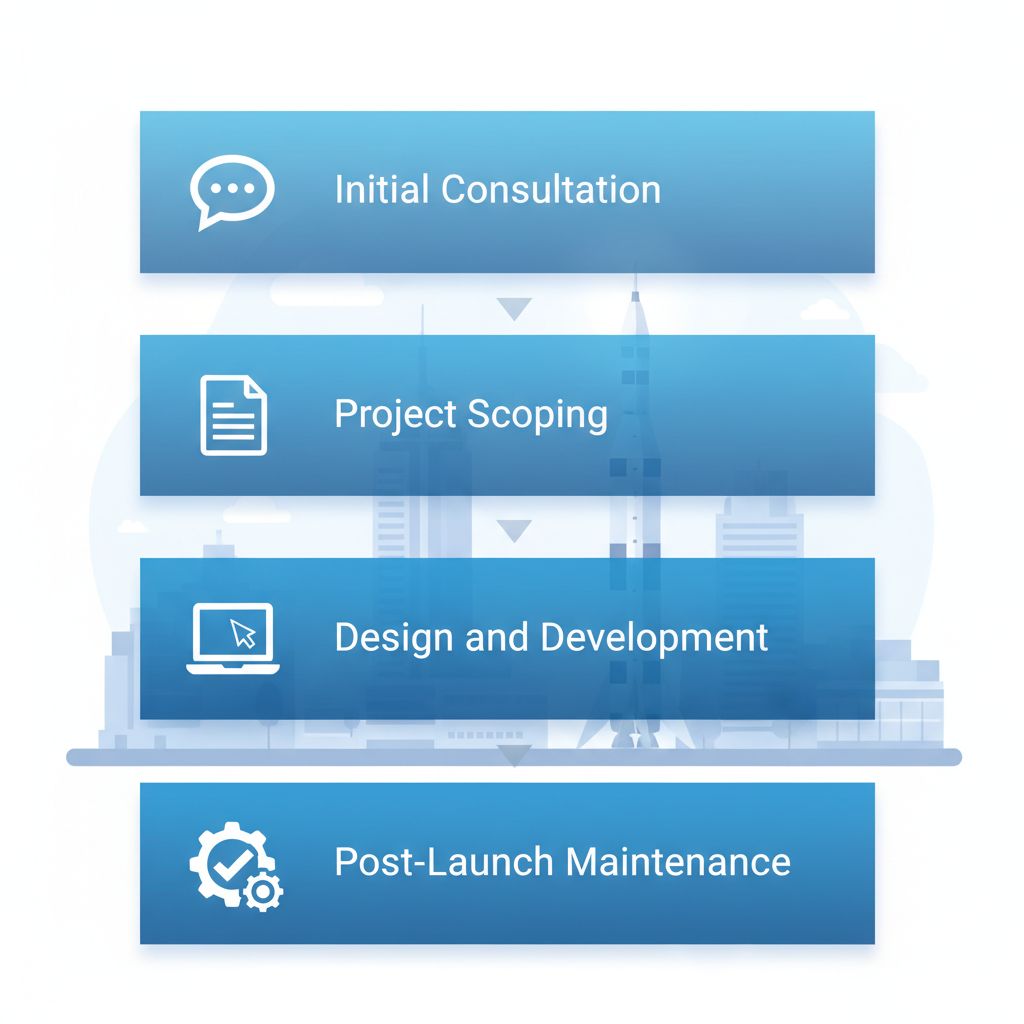 Vertical process flow diagram showing five steps to launch a Huntsville website with icons and brief labels.