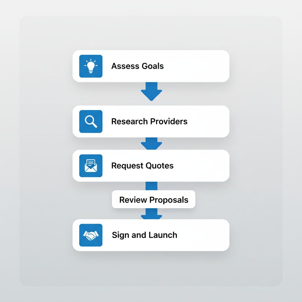 Vertical process flow diagram illustrating five steps to start web design in Decatur with icons and labels.